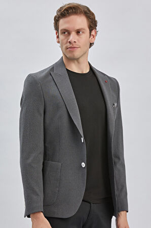 Koyu Antrasit Desenli Kırlangıç Yaka Likralı 6 Drop Slim Fit Dar Kesim Casual Ceket 1002240155