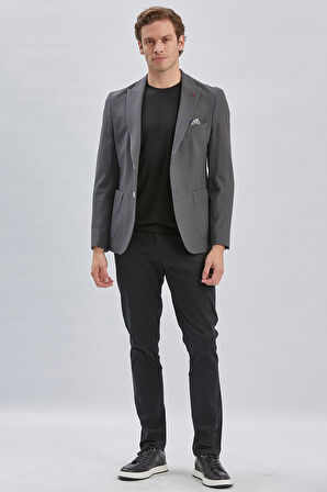 Koyu Antrasit Desenli Kırlangıç Yaka Likralı 6 Drop Slim Fit Dar Kesim Casual Ceket 1002240155