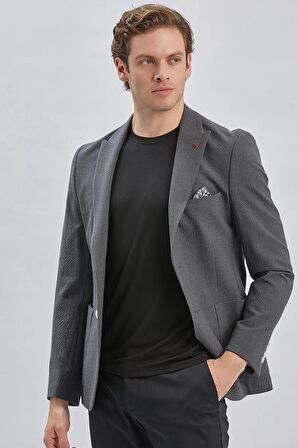 Koyu Antrasit Desenli Kırlangıç Yaka Likralı 6 Drop Slim Fit Dar Kesim Casual Ceket 1002240155