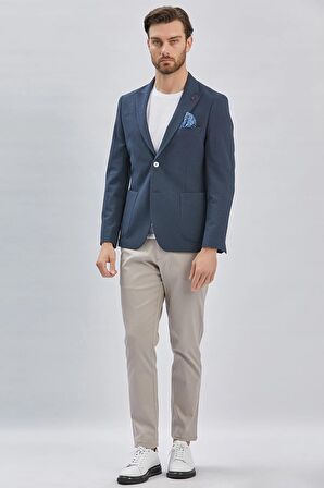 Koyu Lacivert Desenli Kırlangıç Yaka Likralı 6 Drop Slim Fit Dar Kesim Casual Ceket 1002240155