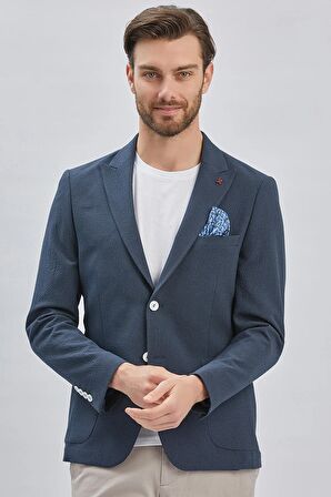Koyu Lacivert Desenli Kırlangıç Yaka Likralı 6 Drop Slim Fit Dar Kesim Casual Ceket 1002240155