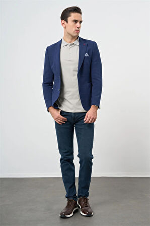 Koyu Lacivert Kareli Mono Yaka Likralı 6 Drop Ekstra Slim Fit Casual Ceket 1002240156