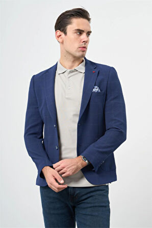 Koyu Lacivert Kareli Mono Yaka Likralı 6 Drop Ekstra Slim Fit Casual Ceket 1002240156