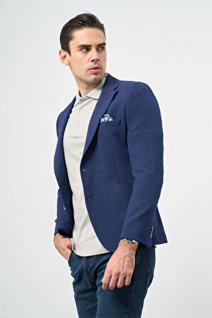 Koyu Lacivert Kareli Mono Yaka Likralı 6 Drop Ekstra Slim Fit Casual Ceket 1002240156