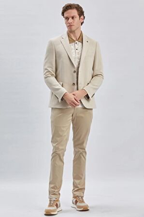 Bej Desenli Örme Mono Yaka Likralı 6 Drop Slim Fit Dar Kesim Casual Ceket 1002240157
