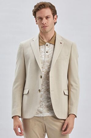 Bej Desenli Örme Mono Yaka Likralı 6 Drop Slim Fit Dar Kesim Casual Ceket 1002240157