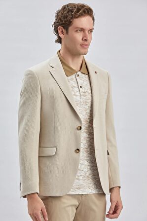 Bej Desenli Örme Mono Yaka Likralı 6 Drop Slim Fit Dar Kesim Casual Ceket 1002240157