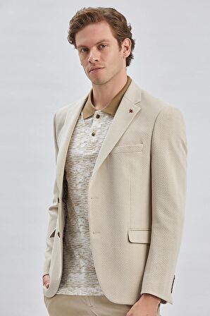 Bej Desenli Örme Mono Yaka Likralı 6 Drop Slim Fit Dar Kesim Casual Ceket 1002240157