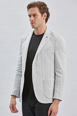 Gri Örme Ekose Desenli Mono Yaka 6 Drop Slim Fit Ceket 1002240158