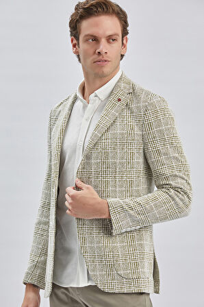 Koyu Haki Örme Ekose Desenli Mono Yaka 6 Drop Slim Fit Ceket 1002240158