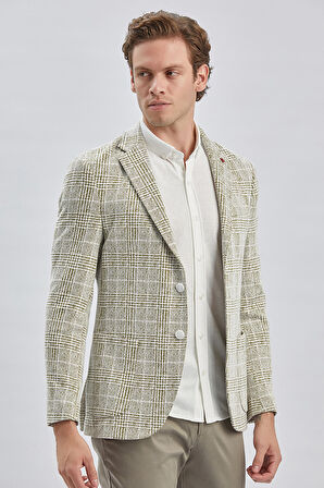 Koyu Haki Örme Ekose Desenli Mono Yaka 6 Drop Slim Fit Ceket 1002240158