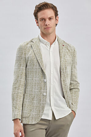 Koyu Haki Örme Ekose Desenli Mono Yaka 6 Drop Slim Fit Ceket 1002240158