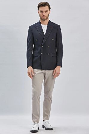 Çizgili Desenli Kılıç Yaka Kruvaze 6 Drop Slim Fit Ceket 1002240159