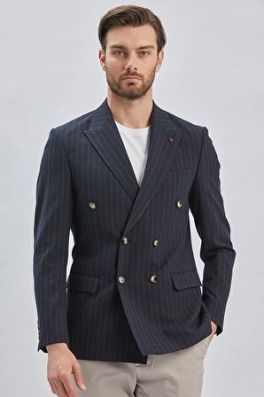 Çizgili Desenli Kılıç Yaka Kruvaze 6 Drop Slim Fit Ceket 1002240159