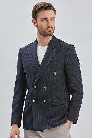 Çizgili Desenli Kılıç Yaka Kruvaze 6 Drop Slim Fit Ceket 1002240159