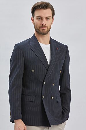Çizgili Desenli Kılıç Yaka Kruvaze 6 Drop Slim Fit Ceket 1002240159