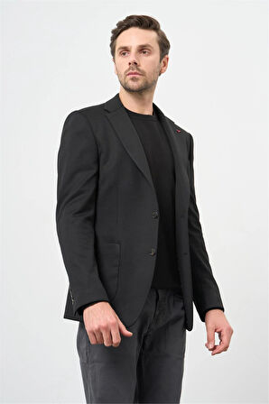 Siyah Kendinden Desenli Örme Mono Yaka Yarım Astar Çift Yırtmaç 2 Düğme 6 Drop Slim Fit Classic Ceket 1002240250
