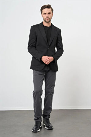 Siyah Kendinden Desenli Örme Mono Yaka Yarım Astar Çift Yırtmaç 2 Düğme 6 Drop Slim Fit Classic Ceket 1002240250