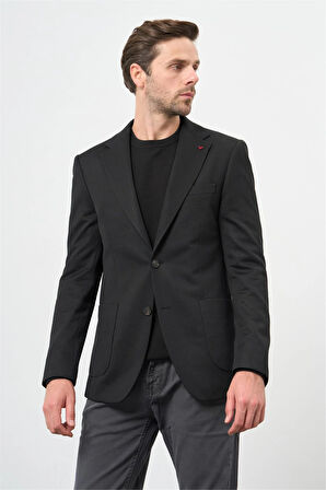 Siyah Kendinden Desenli Örme Mono Yaka Yarım Astar Çift Yırtmaç 2 Düğme 6 Drop Slim Fit Classic Ceket 1002240250