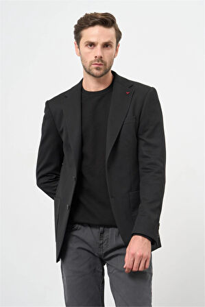 Siyah Kendinden Desenli Örme Mono Yaka Yarım Astar Çift Yırtmaç 2 Düğme 6 Drop Slim Fit Classic Ceket 1002240250
