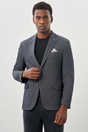 Koyu Lacivert Düz Örme Mono Yaka Kelebek Astar Çift Yırtmaç 2 Düğme 6 Drop Slim Fit Classic Ceket 1002245133