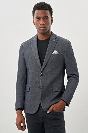 Koyu Lacivert Düz Örme Mono Yaka Kelebek Astar Çift Yırtmaç 2 Düğme 6 Drop Slim Fit Classic Ceket 1002245133