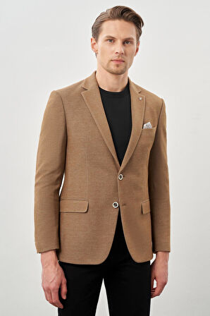 Taba Düz Örme Mono Yaka Kelebek Astar Çift Yırtmaç 2 Düğme 6 Drop Slim Fit Classic Ceket 1002245133