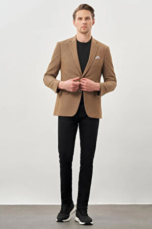 Taba Düz Örme Mono Yaka Kelebek Astar Çift Yırtmaç 2 Düğme 6 Drop Slim Fit Classic Ceket 1002245133