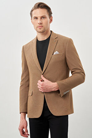 Taba Düz Örme Mono Yaka Kelebek Astar Çift Yırtmaç 2 Düğme 6 Drop Slim Fit Classic Ceket 1002245133