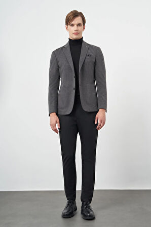 Siyah Kazayağı Desen Örme Mono Yaka Astarsız Çift Yırtmaç 2 Düğme 6 Drop Slim Fit Casual Ceket 1002245150