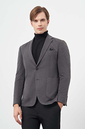 Siyah Kazayağı Desen Örme Mono Yaka Astarsız Çift Yırtmaç 2 Düğme 6 Drop Slim Fit Casual Ceket 1002245150