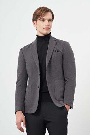 Siyah Kazayağı Desen Örme Mono Yaka Astarsız Çift Yırtmaç 2 Düğme 6 Drop Slim Fit Casual Ceket 1002245150