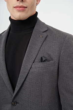 Siyah Kazayağı Desen Örme Mono Yaka Astarsız Çift Yırtmaç 2 Düğme 6 Drop Slim Fit Casual Ceket 1002245150