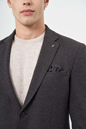 Siyah Kendinden Desenli Örme Mono Yaka Astarsız Çift Yırtmaç 2 Düğme 6 Drop Slim Fit Casual Ceket 1002245151