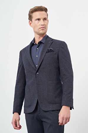 Koyu Lacivert Kendinden Desenli Örme Mono Yaka Astarsız Çift Yırtmaç 2 Düğme 6 Drop Slim Fit Casual Ceket 1002245151