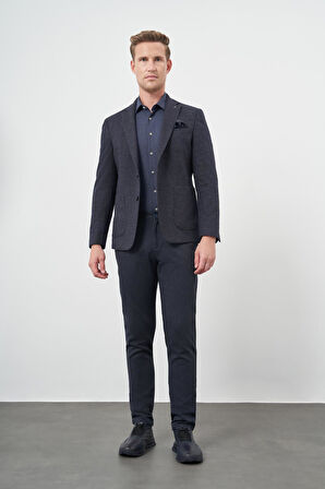 Koyu Lacivert Kendinden Desenli Örme Mono Yaka Astarsız Çift Yırtmaç 2 Düğme 6 Drop Slim Fit Casual Ceket 1002245151