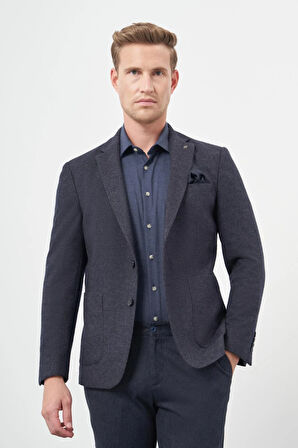 Koyu Lacivert Kendinden Desenli Örme Mono Yaka Astarsız Çift Yırtmaç 2 Düğme 6 Drop Slim Fit Casual Ceket 1002245151