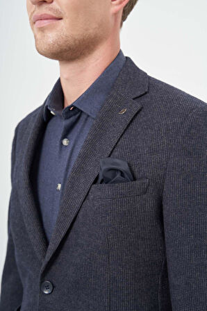 Koyu Lacivert Kendinden Desenli Örme Mono Yaka Astarsız Çift Yırtmaç 2 Düğme 6 Drop Slim Fit Casual Ceket 1002245151