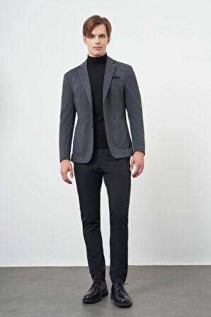 Koyu Lacivert Ekose Desen Örme Mono Yaka Astarsız Çift Yırtmaç 2 Düğme 6 Drop Slim Fit Casual Ceket 1002245152