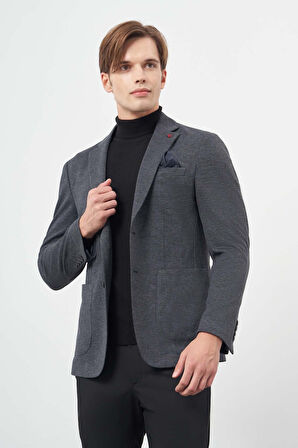 Koyu Lacivert Ekose Desen Örme Mono Yaka Astarsız Çift Yırtmaç 2 Düğme 6 Drop Slim Fit Casual Ceket 1002245152