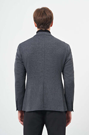 Koyu Lacivert Ekose Desen Örme Mono Yaka Astarsız Çift Yırtmaç 2 Düğme 6 Drop Slim Fit Casual Ceket 1002245152