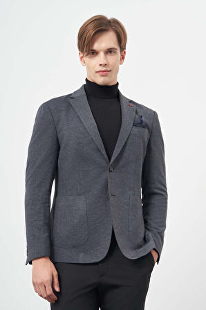 Koyu Lacivert Ekose Desen Örme Mono Yaka Astarsız Çift Yırtmaç 2 Düğme 6 Drop Slim Fit Casual Ceket 1002245152