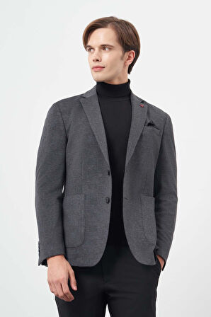 Lacivert Ekose Desen Örme Mono Yaka Astarsız Çift Yırtmaç 2 Düğme 6 Drop Slim Fit Casual Ceket 1002245152