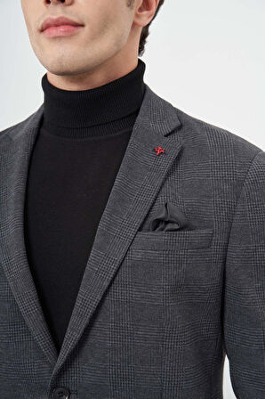 Lacivert Ekose Desen Örme Mono Yaka Astarsız Çift Yırtmaç 2 Düğme 6 Drop Slim Fit Casual Ceket 1002245152