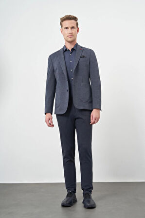 Lacivert Ekose Desen Örme Mono Yaka Astarsız Çift Yırtmaç 2 Düğme 6 Drop Slim Fit Casual Ceket 1002245152