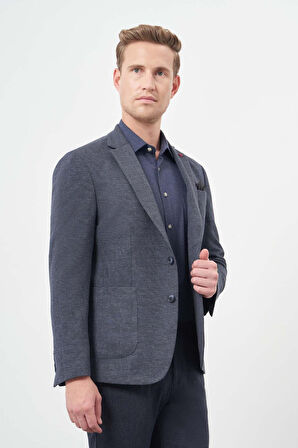Lacivert Ekose Desen Örme Mono Yaka Astarsız Çift Yırtmaç 2 Düğme 6 Drop Slim Fit Casual Ceket 1002245152