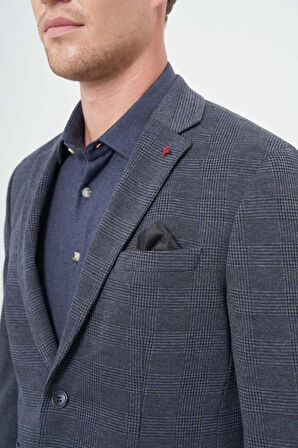 Lacivert Ekose Desen Örme Mono Yaka Astarsız Çift Yırtmaç 2 Düğme 6 Drop Slim Fit Casual Ceket 1002245152