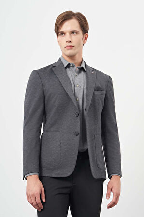 Koyu Lacivert Kendinden Desenli Örme Mono Yaka Astarsız Çift Yırtmaç 2 Düğme 6 Drop Slim Fit Casual Ceket 1002245153