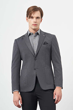 Koyu Lacivert Kendinden Desenli Örme Mono Yaka Astarsız Çift Yırtmaç 2 Düğme 6 Drop Slim Fit Casual Ceket 1002245153