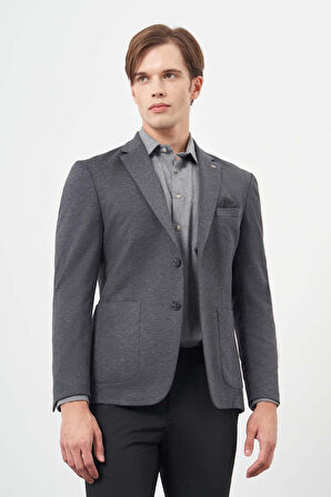 Koyu Lacivert Kendinden Desenli Örme Mono Yaka Astarsız Çift Yırtmaç 2 Düğme 6 Drop Slim Fit Casual Ceket 1002245153